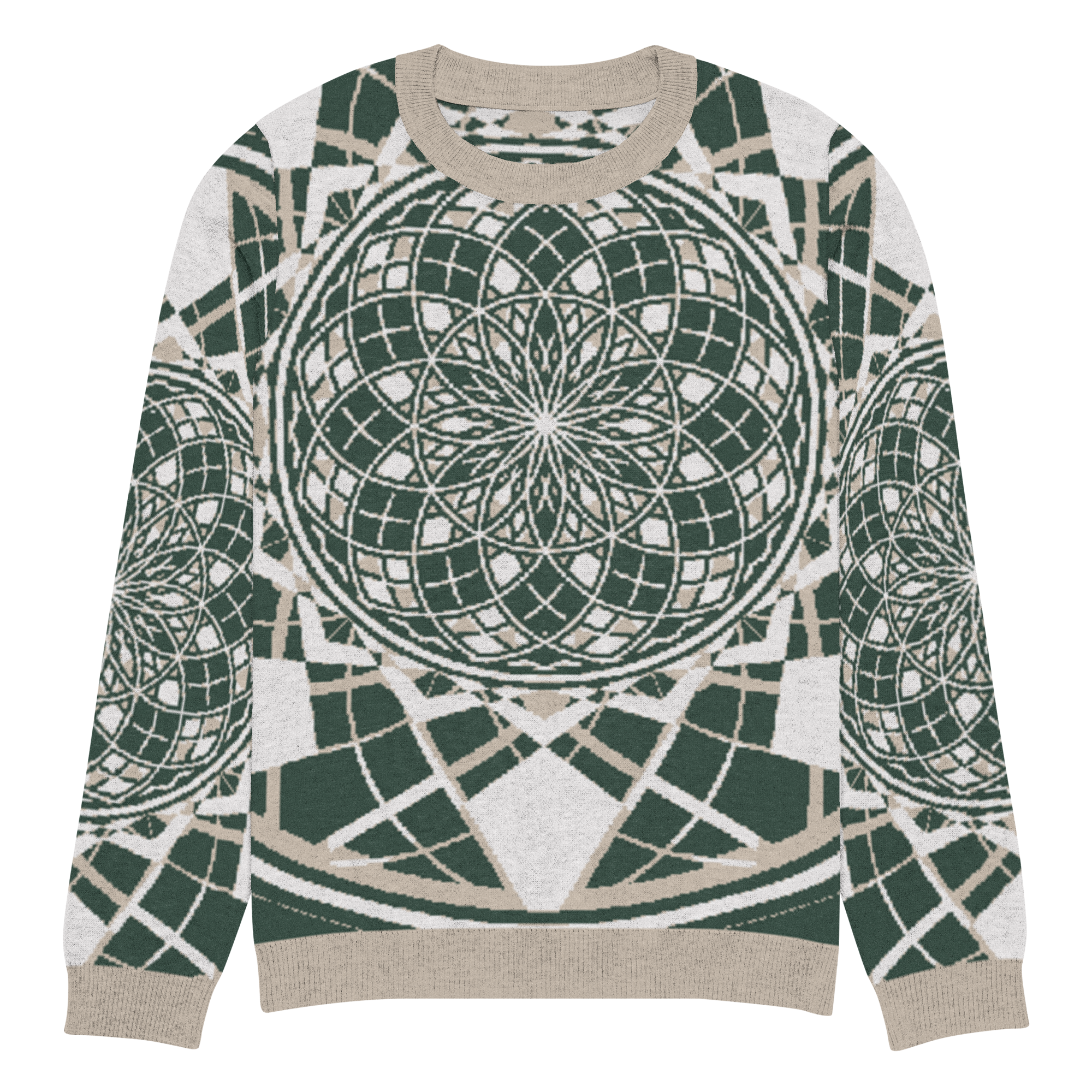 Mystic Metamorphic EarthTone knitted crew neck sweater featuring sacred geometry in earthy ochre, grey, and neutral tones with unisex design