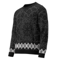 Black knitted sweater with all-over sacred geometry pattern, white diamond trim at hem and cuffs, and NTrendSic Mystic branding on back hem.