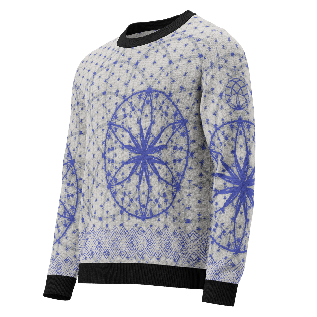 Blue knitted crew neck sweater featuring sacred geometry mandala and white diamond lattice trim, crafted with Knit-On-Demand technology.