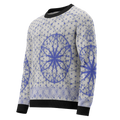Blue knitted crew neck sweater featuring sacred geometry mandala and white diamond lattice trim, crafted with Knit-On-Demand technology.