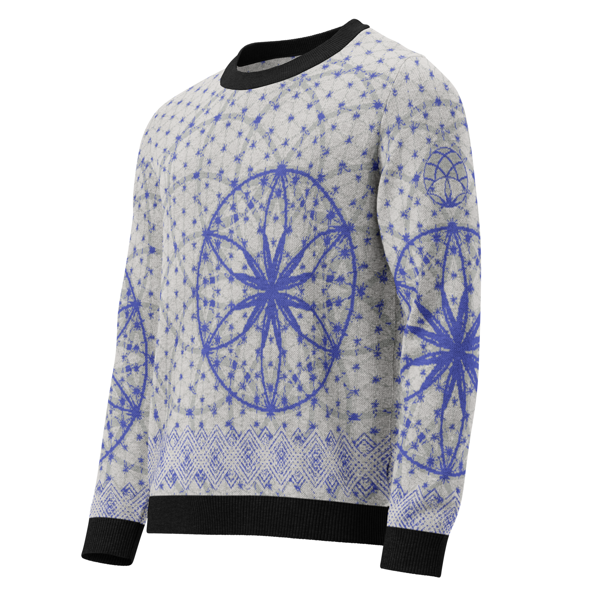 Blue knitted crew neck sweater featuring sacred geometry mandala and white diamond lattice trim, crafted with Knit-On-Demand technology.