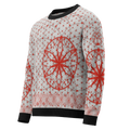 Grey knitted crew neck sweater with vivid red sacred geometry mandala and black trim, crafted with Knit-On-Demand technology.