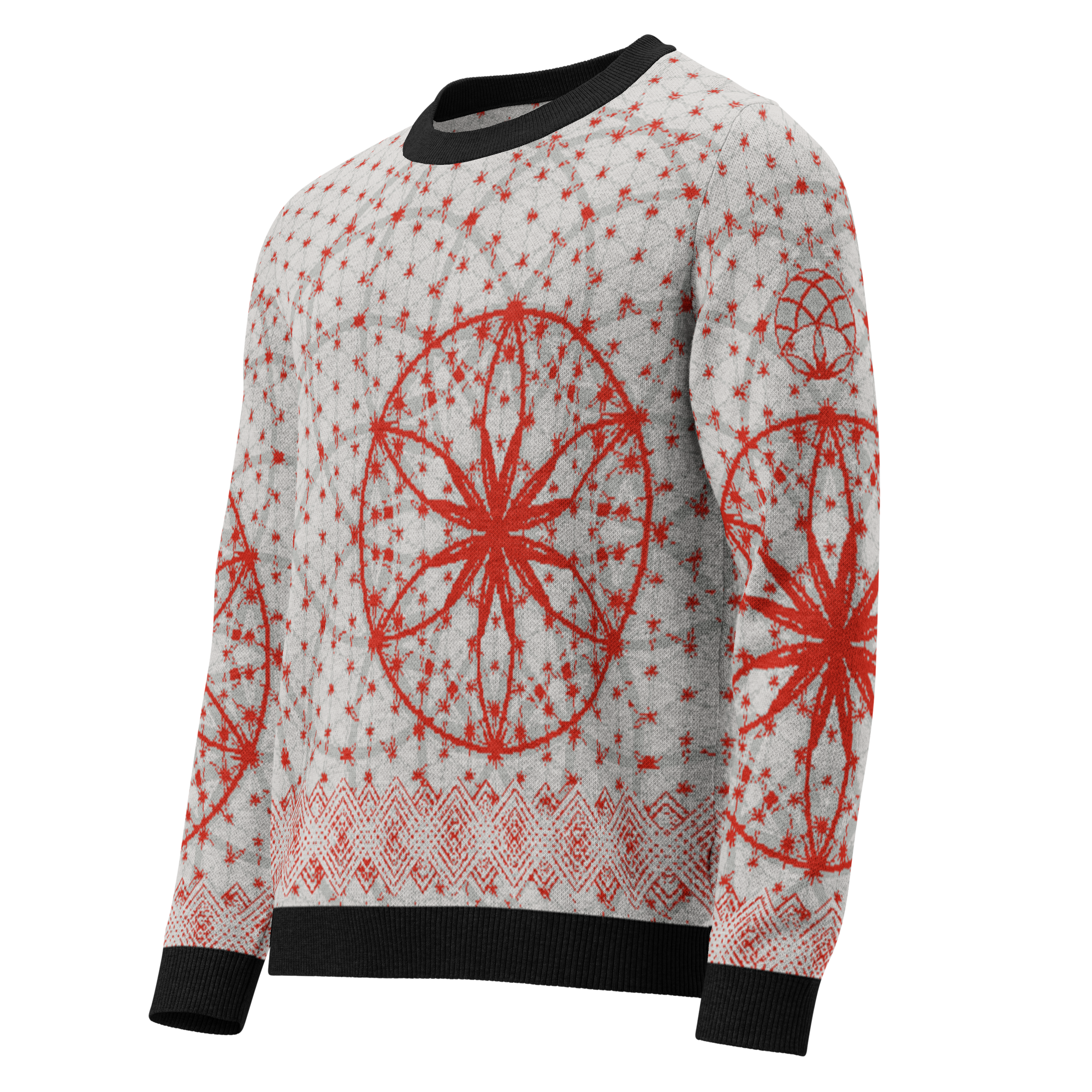 Grey knitted crew neck sweater with vivid red sacred geometry mandala and black trim, crafted with Knit-On-Demand technology.