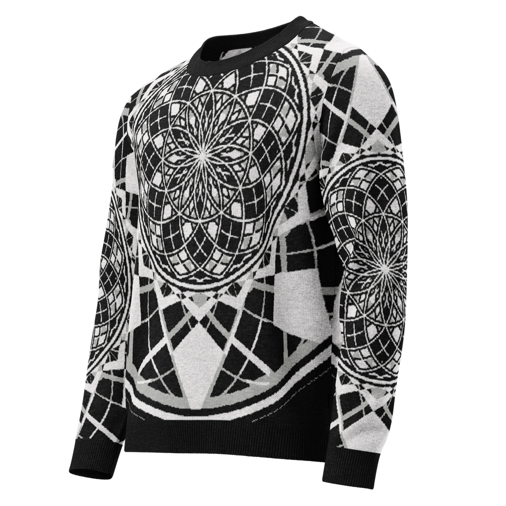 Mystic Metamorphic Night knitted crew neck sweater — sacred geometry mandala in black and white monochrome design
