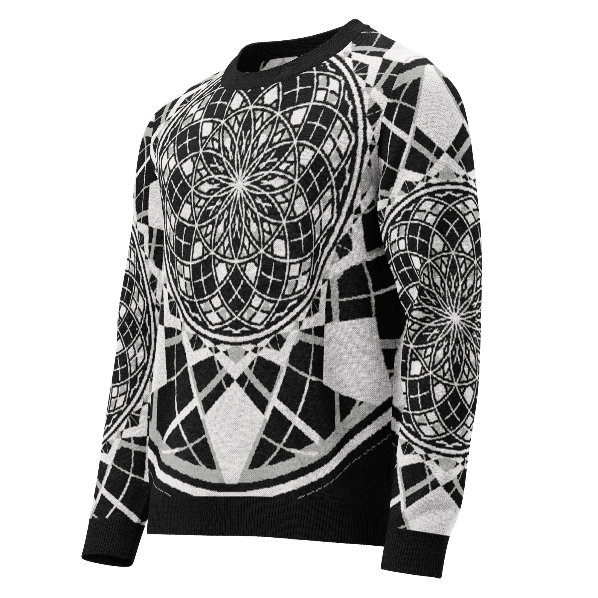 Mystic Metamorphic Night knitted crew neck sweater — sacred geometry mandala in black and white monochrome design