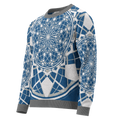 Mystic Metamorphic Blue Sky knitted crew neck sweater — sacred geometry mandala in blue, grey, and white design