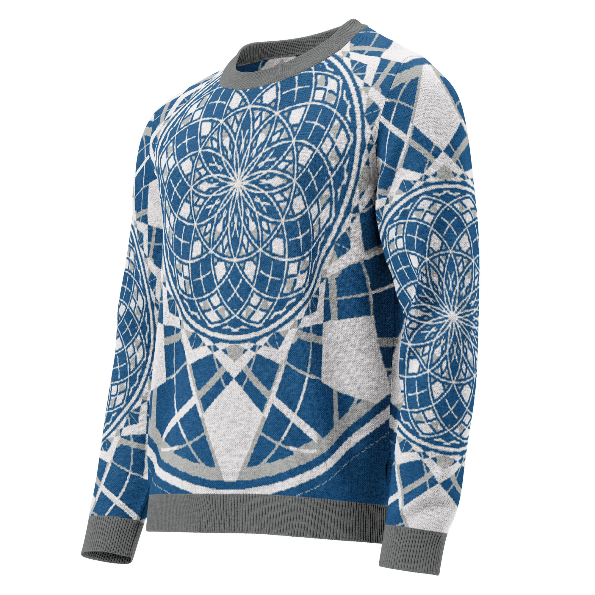 Mystic Metamorphic Blue Sky knitted crew neck sweater — sacred geometry mandala in blue, grey, and white design