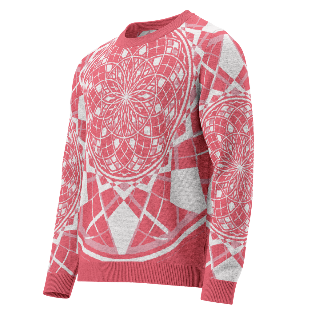 Mystic Metamorphic Redrose knitted crew neck sweater — rose-red and silver sacred geometry mandala design in unisex style