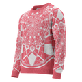 Mystic Metamorphic Redrose knitted crew neck sweater — rose-red and silver sacred geometry mandala design in unisex style