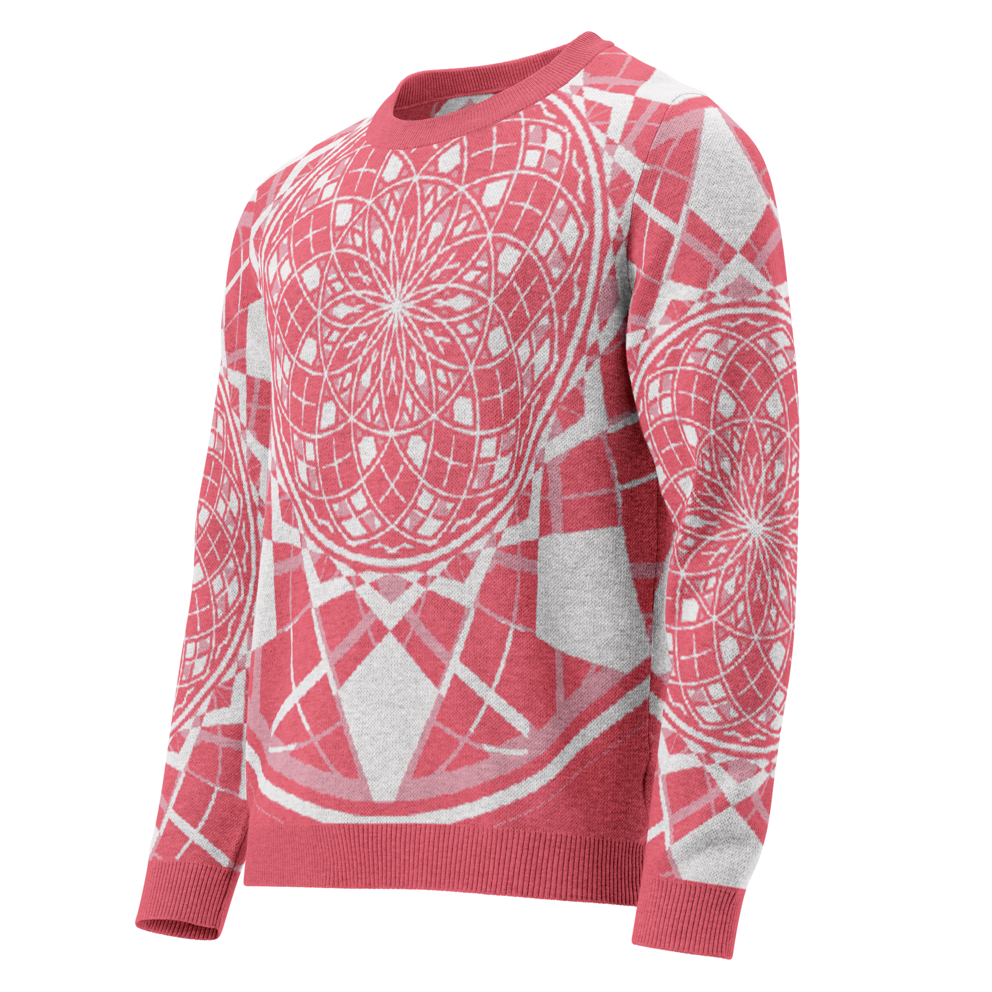 Mystic Metamorphic Redrose knitted crew neck sweater — rose-red and silver sacred geometry mandala design in unisex style