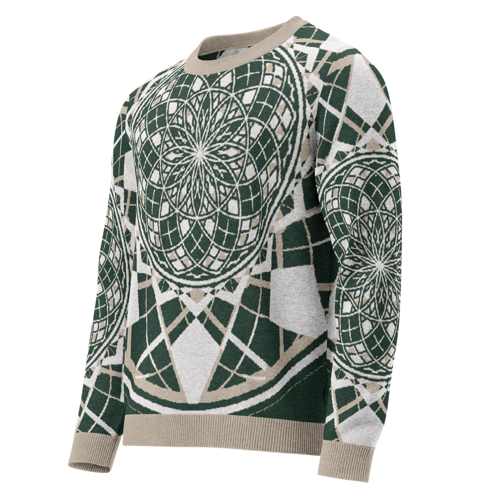 Mystic Metamorphic EarthTone knitted crew neck sweater featuring sacred geometry in earthy ochre, grey, and neutral tones with unisex design