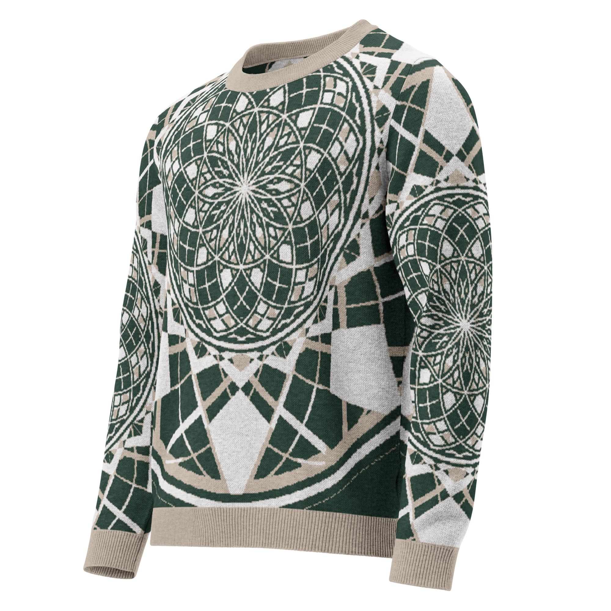Mystic Metamorphic EarthTone knitted crew neck sweater featuring sacred geometry in earthy ochre, grey, and neutral tones with unisex design