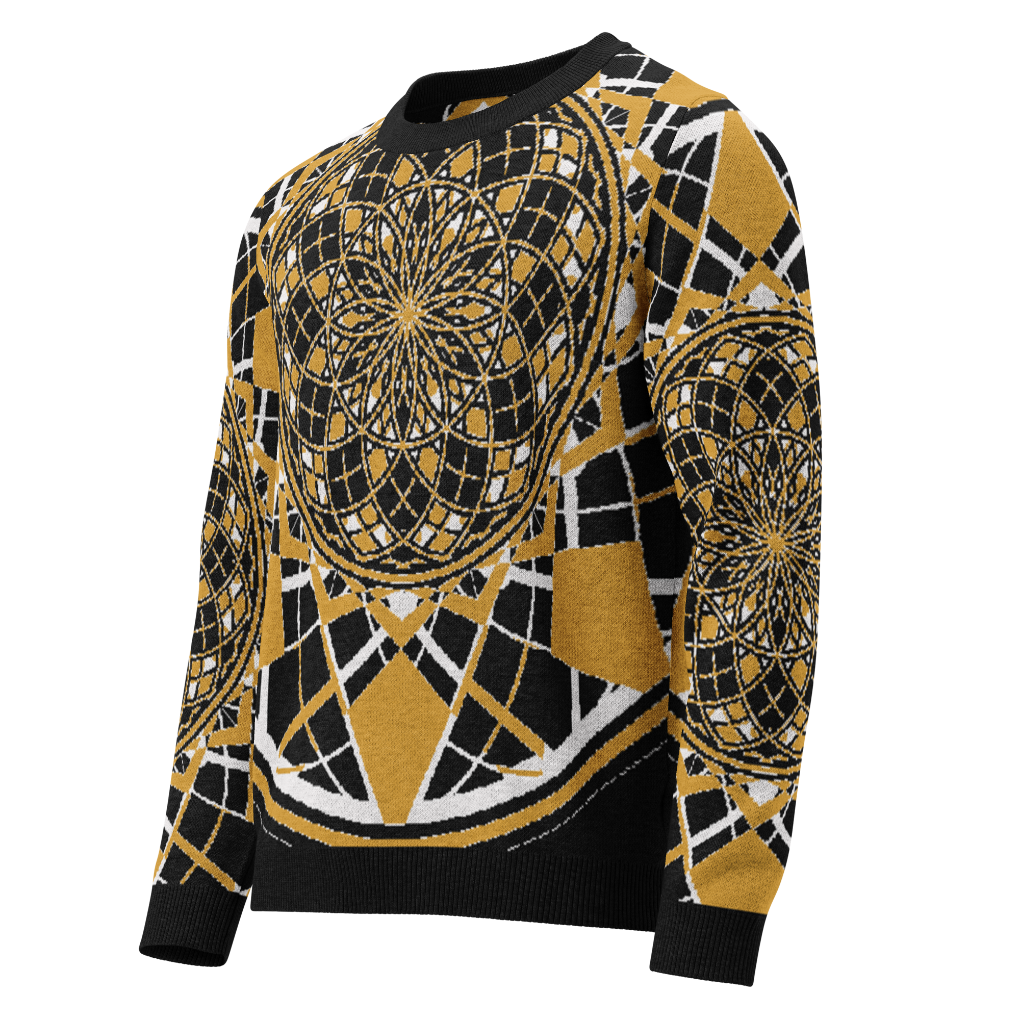 Mystic Metamorphic Mustard knitted crew neck sweater — gold, black & white sacred geometry mandala pattern in unisex design