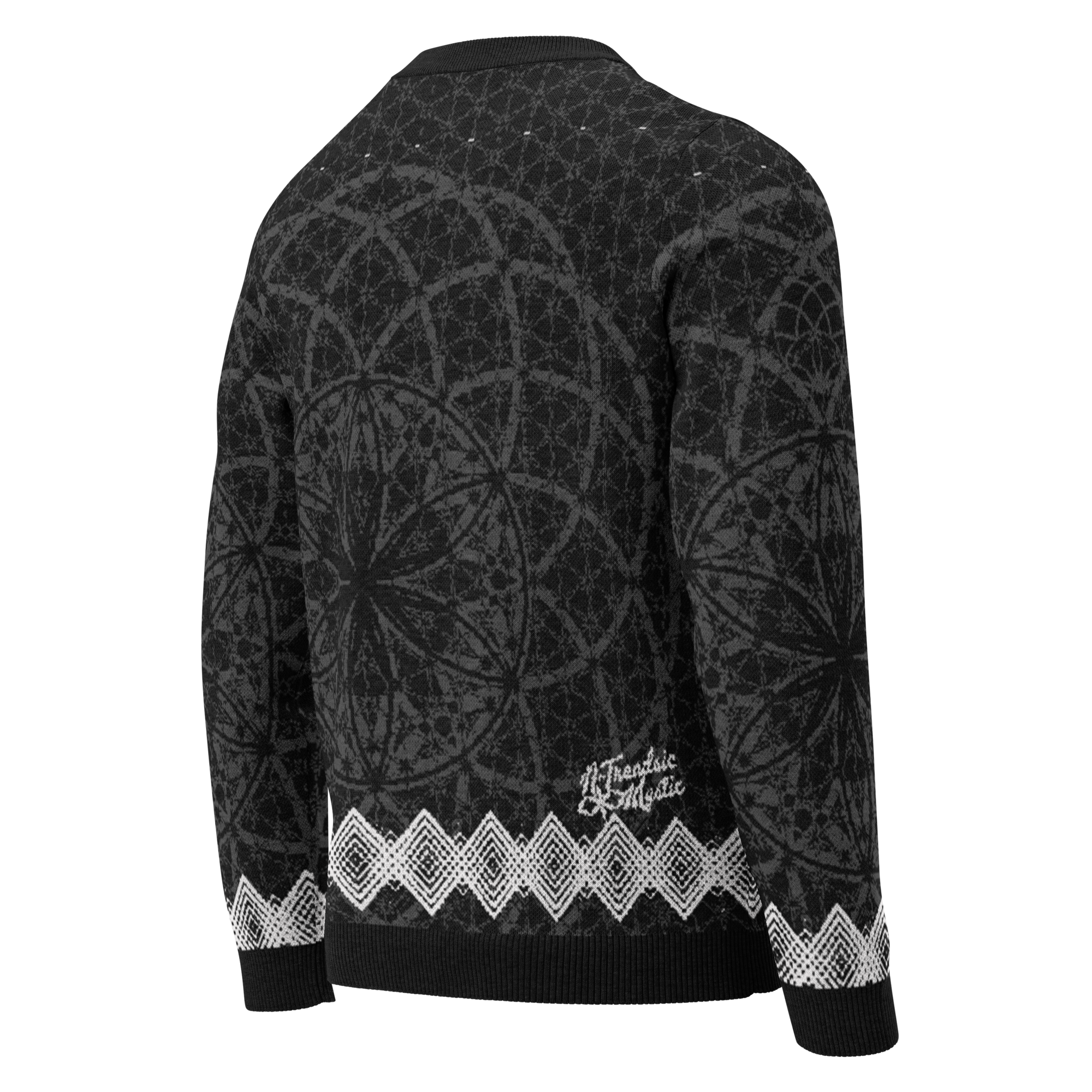 Black knitted sweater with all-over sacred geometry pattern, white diamond trim at hem and cuffs, and NTrendSic Mystic branding on back hem.