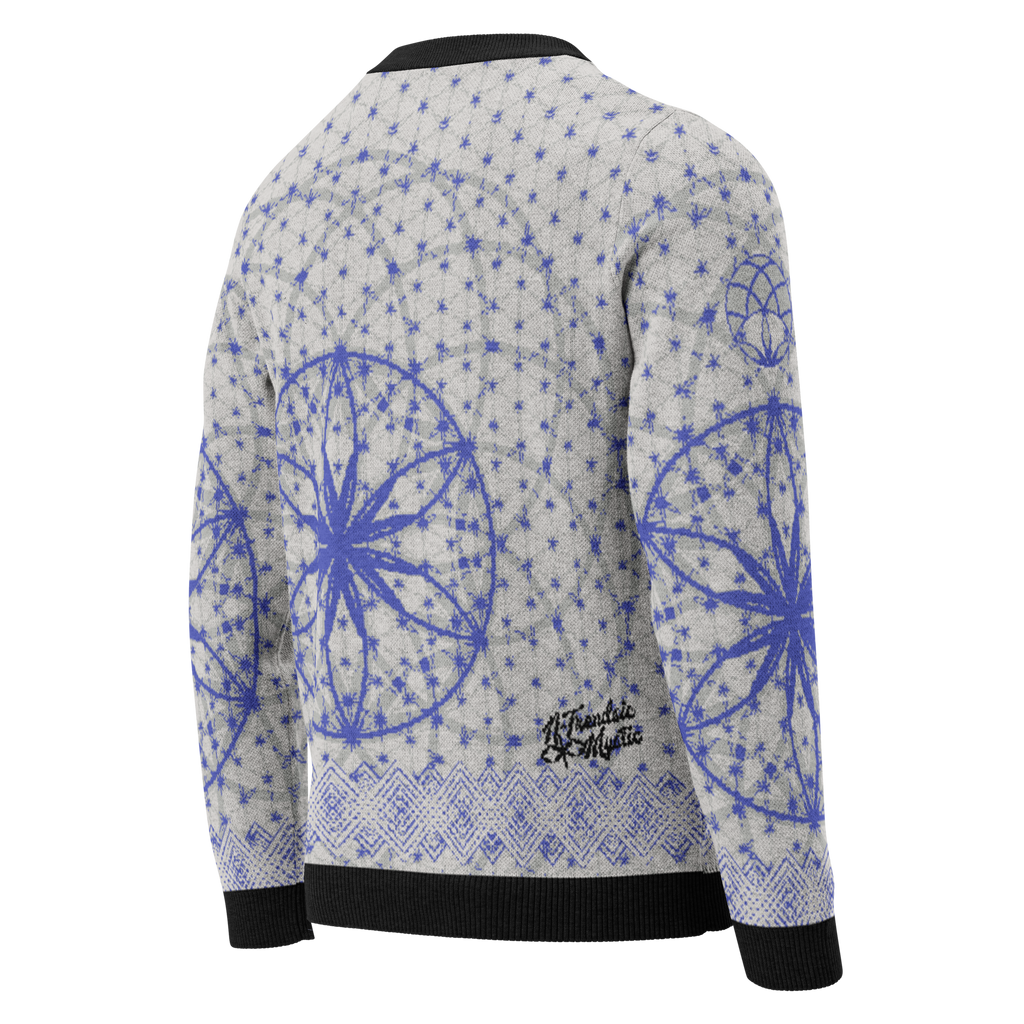 Blue knitted crew neck sweater featuring sacred geometry mandala and white diamond lattice trim, crafted with Knit-On-Demand technology.