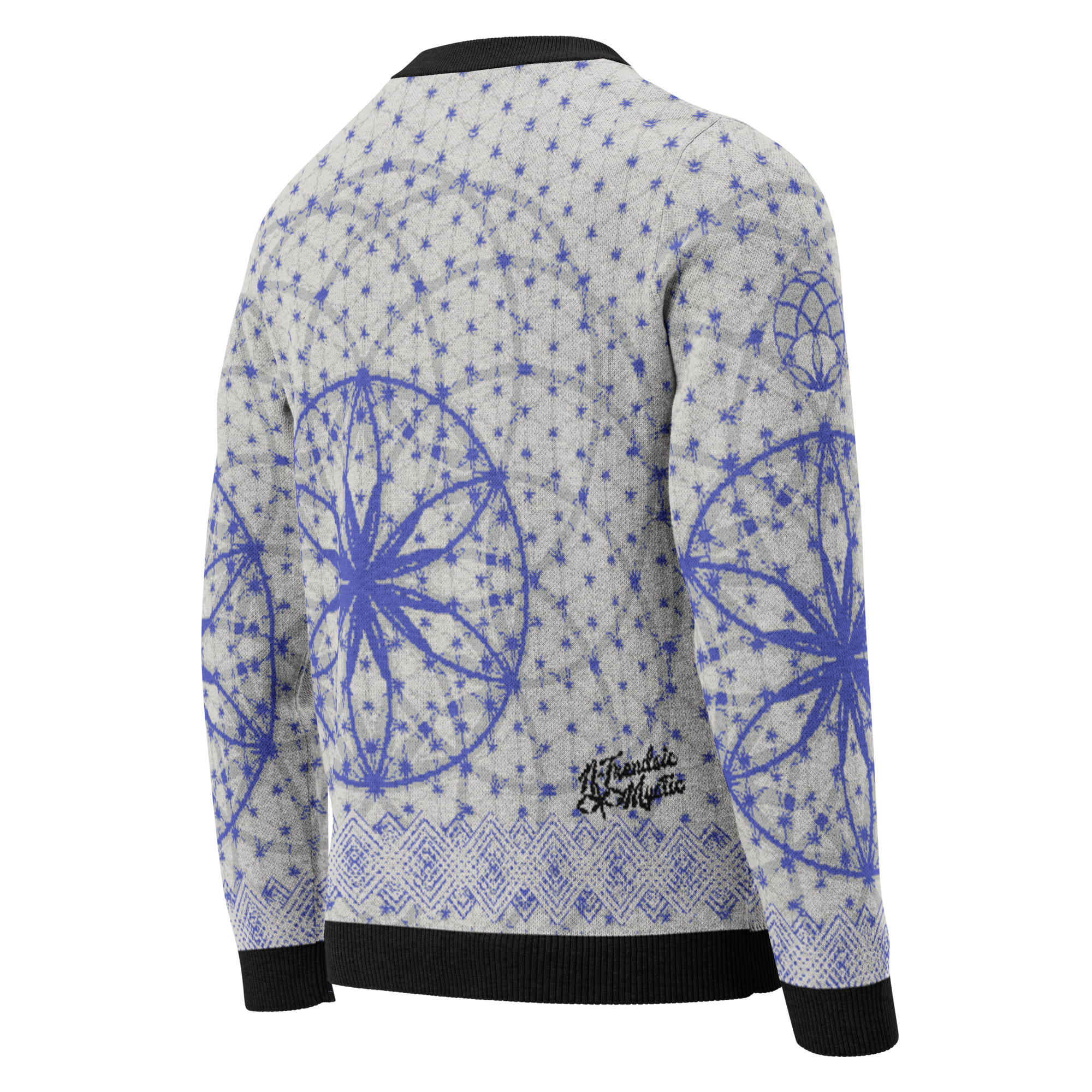 Blue knitted crew neck sweater featuring sacred geometry mandala and white diamond lattice trim, crafted with Knit-On-Demand technology.