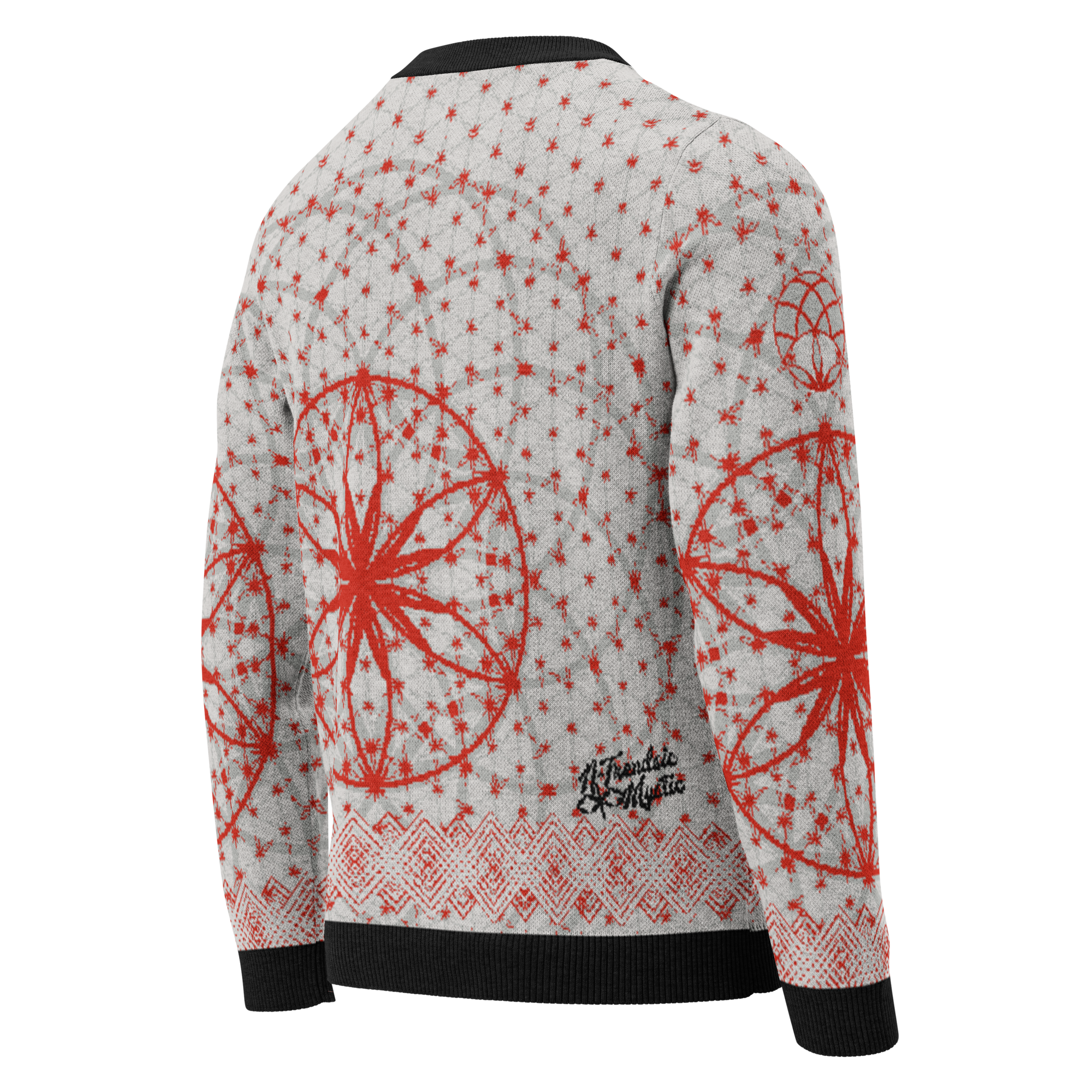 Grey knitted crew neck sweater with vivid red sacred geometry mandala and black trim, crafted with Knit-On-Demand technology.