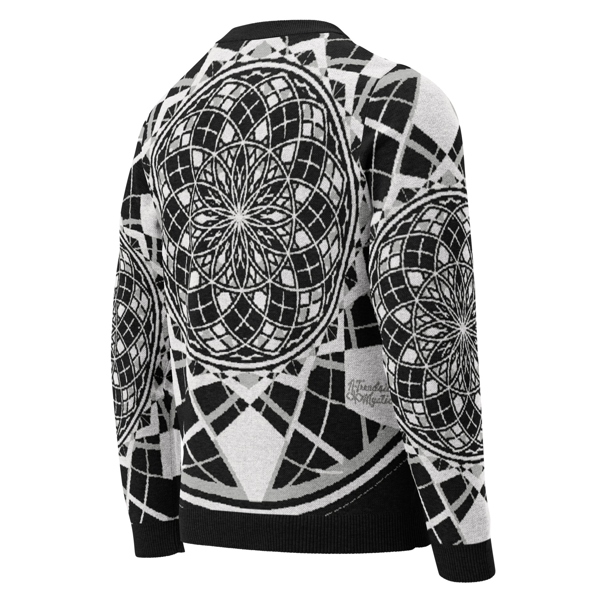 Mystic Metamorphic Night knitted crew neck sweater — sacred geometry mandala in black and white monochrome design