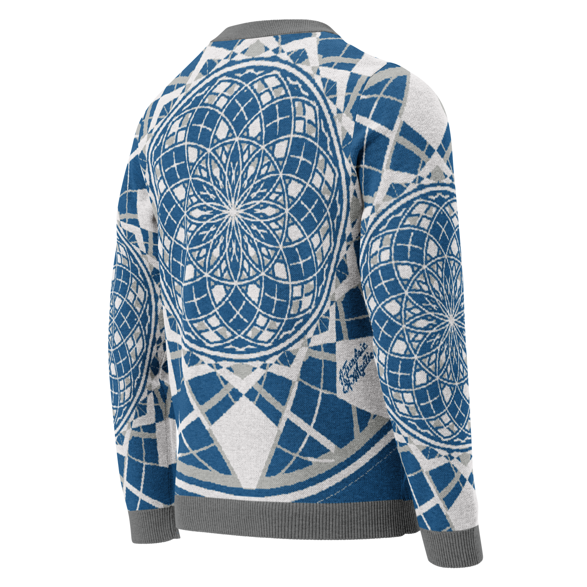 Mystic Metamorphic Blue Sky knitted crew neck sweater — sacred geometry mandala in blue, grey, and white design
