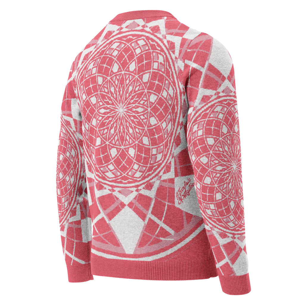 Mystic Metamorphic Redrose knitted crew neck sweater — rose-red and silver sacred geometry mandala design in unisex style
