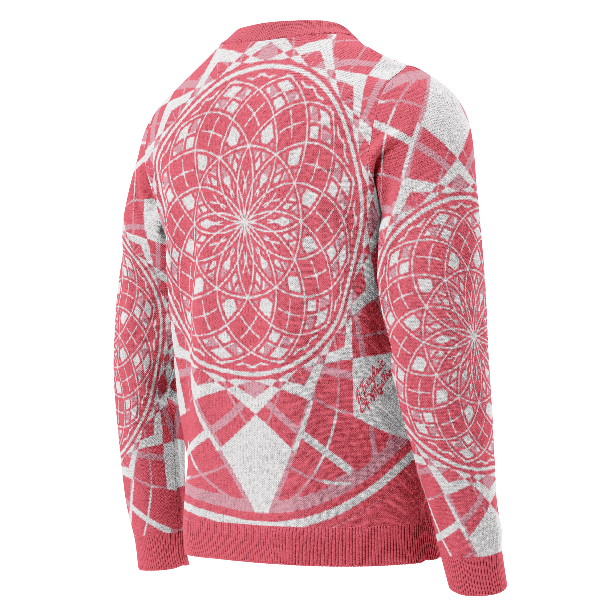 Mystic Metamorphic Redrose knitted crew neck sweater — rose-red and silver sacred geometry mandala design in unisex style