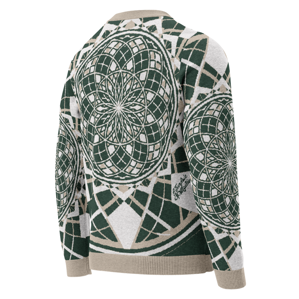 Mystic Metamorphic EarthTone knitted crew neck sweater featuring sacred geometry in earthy ochre, grey, and neutral tones with unisex design