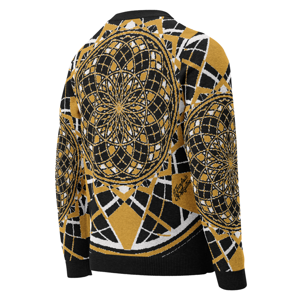 Mystic Metamorphic Mustard knitted crew neck sweater — gold, black & white sacred geometry mandala pattern in unisex design