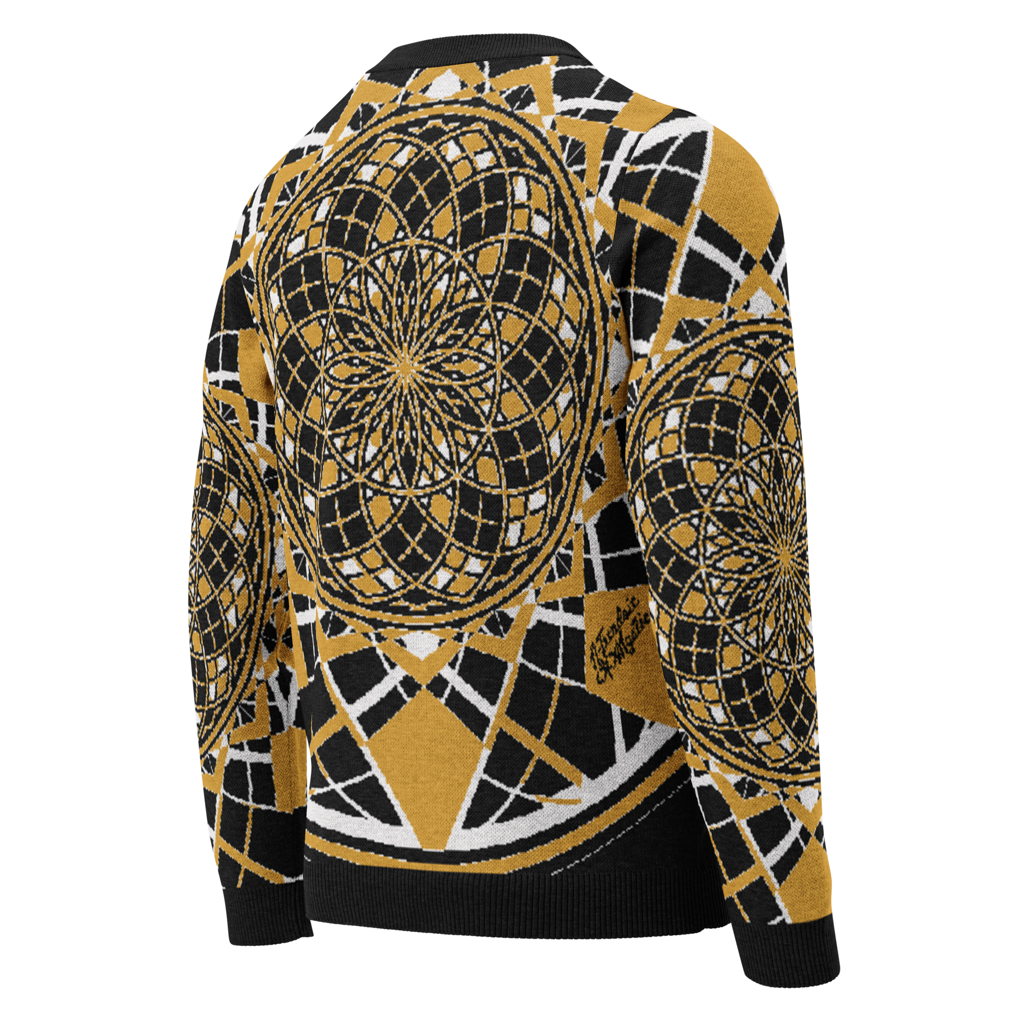 Mystic Metamorphic Mustard knitted crew neck sweater — gold, black & white sacred geometry mandala pattern in unisex design