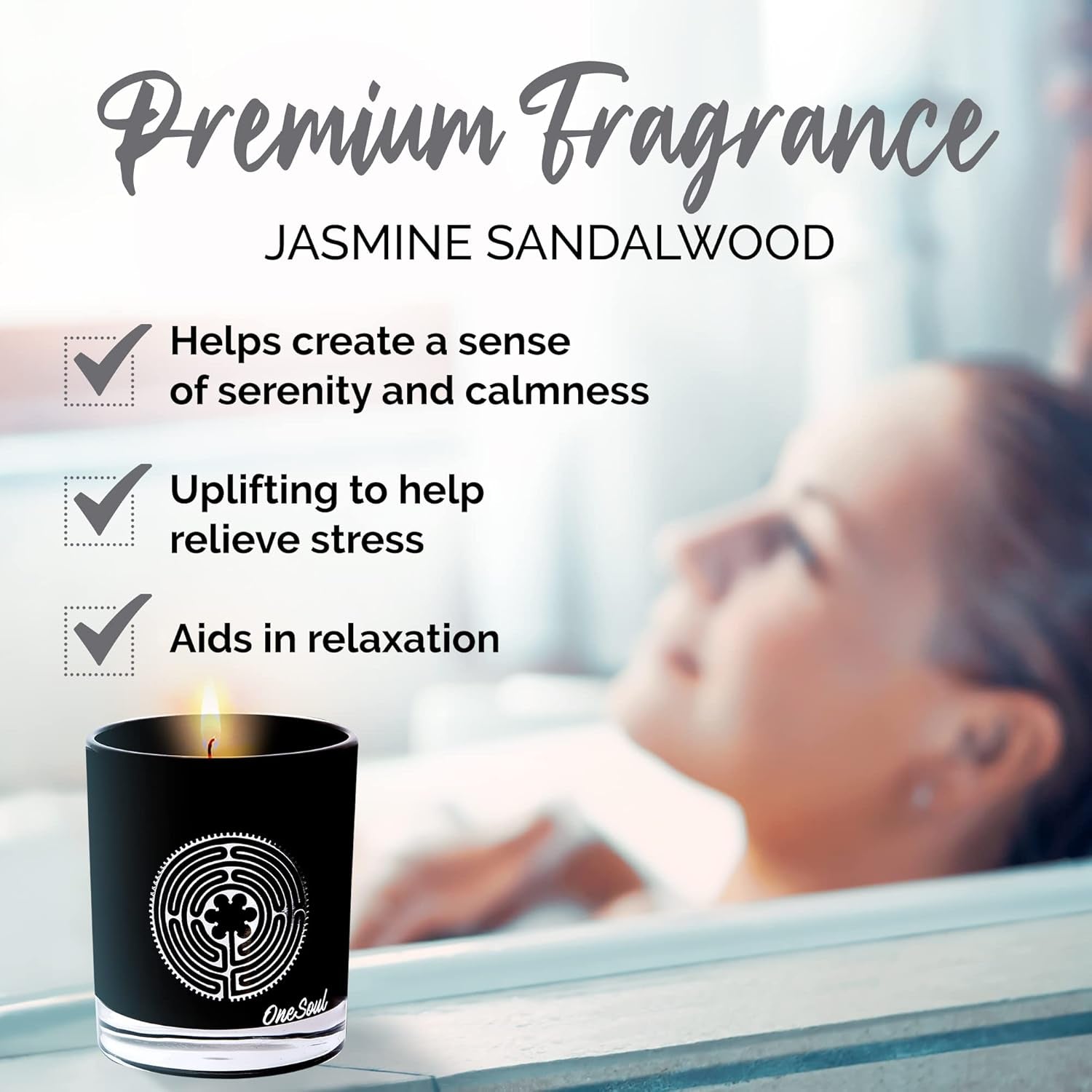 Luxury soy aromatherapy candle in black glass with sacred symbol design, available in multiple earthy and floral scents.