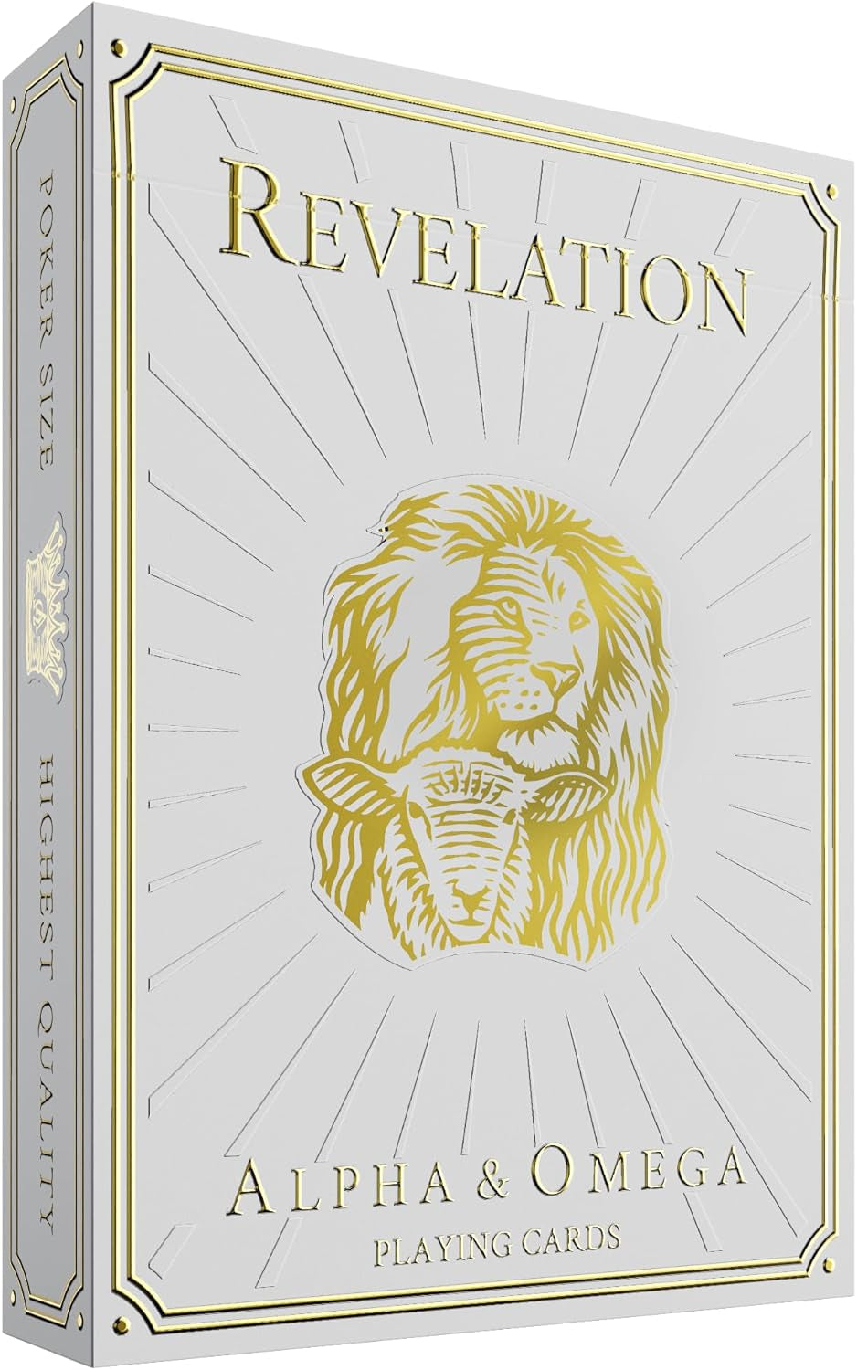 Alpha & Omega premium playing cards with metallic foil tuckbox, available in five collectible designs.
(Revelation)