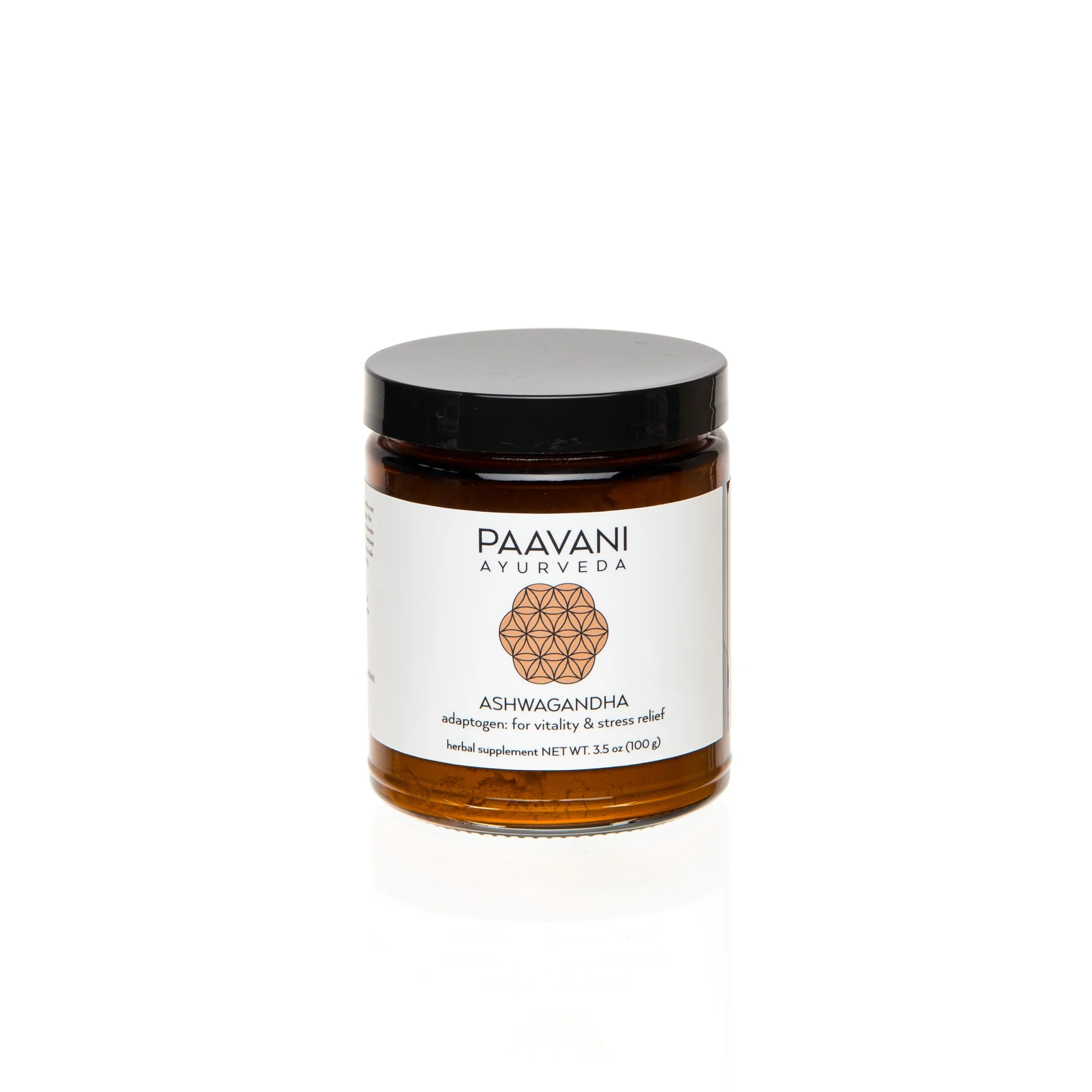 Ashwagandha root powder in resealable pouch — earthy Ayurvedic botanical with grounding aroma
