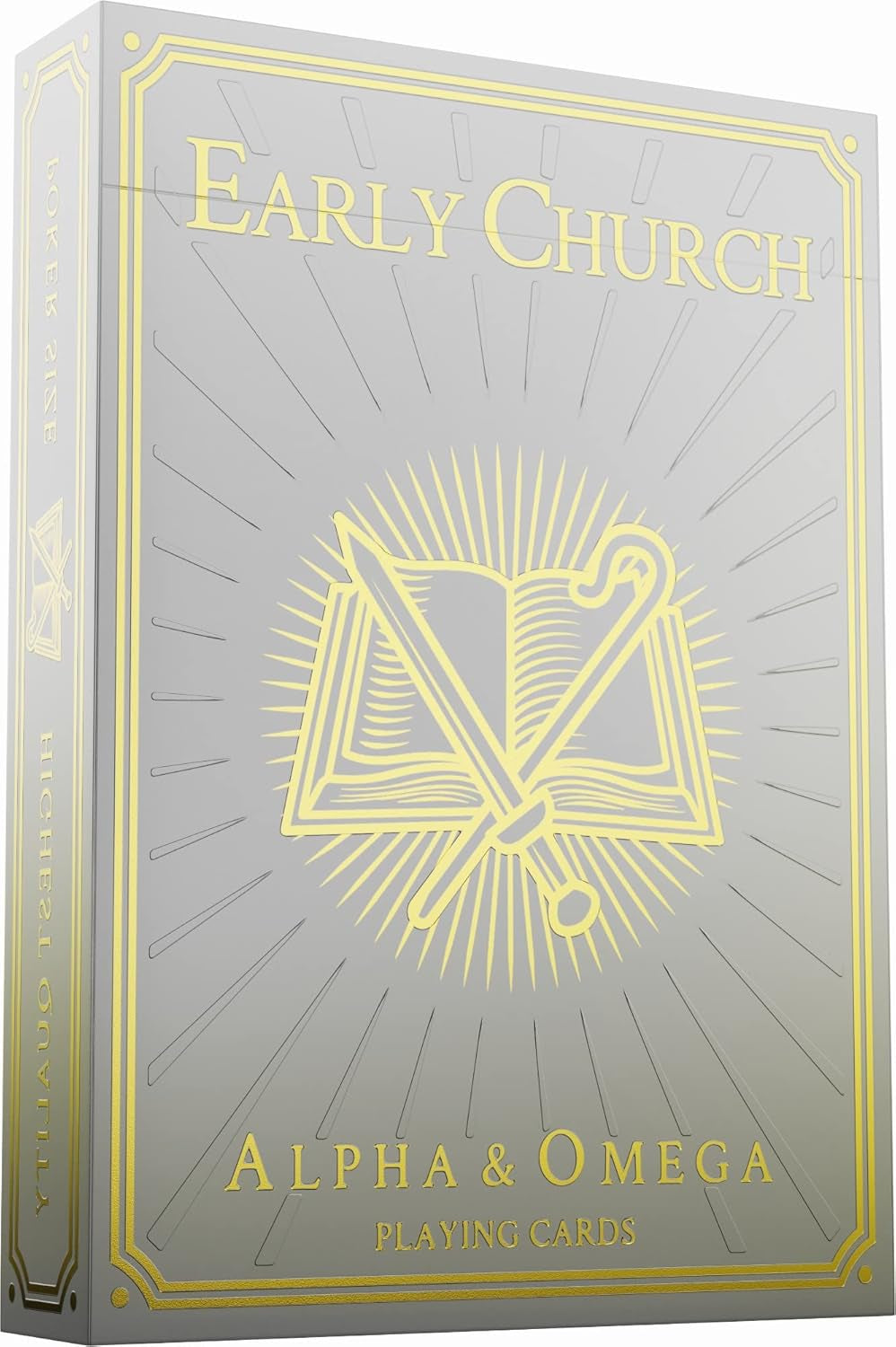 Alpha & Omega premium playing cards with metallic foil tuckbox, available in five collectible designs.
(Early Church)