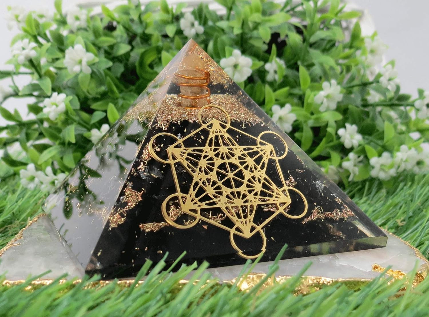 Large Orgone Pyramid | Shungite Metatron Orgonite Pyramid | EMF Protection & Positive Energy Generator for Meditation, Wellness & Home Decor