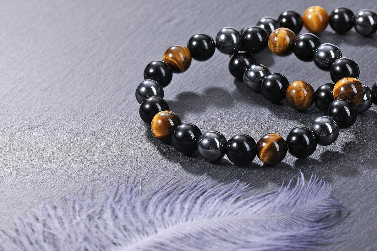 Hematite, Black Obsidian & Tiger’s Eye Gemstone Bracelet – Natural 10mm Beads for Men & Women – Protection & Good Fortune