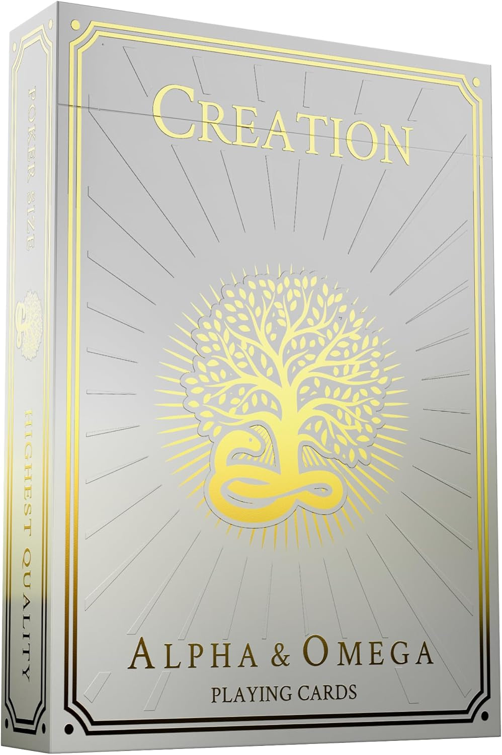 Alpha & Omega premium playing cards with metallic foil tuckbox, available in five collectible designs.
(Creation)