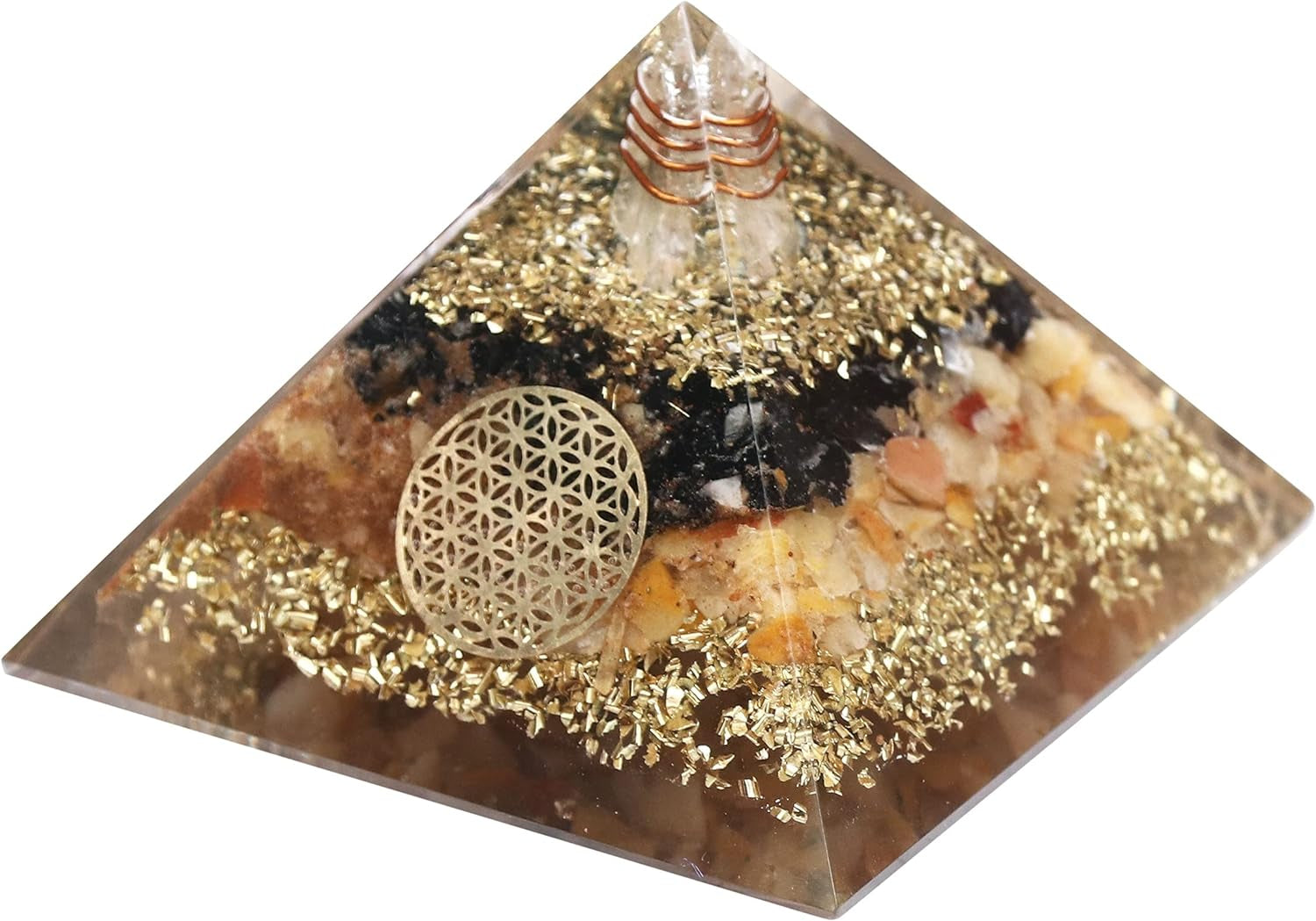 Handcrafted gemstone orgone pyramid with copper coil design, available in multiple decorative variations.