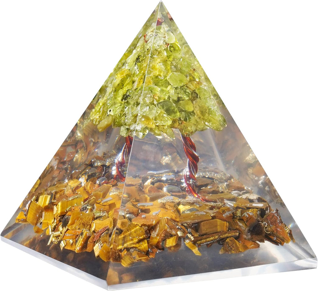 Handcrafted gemstone orgone pyramid with copper coil design, available in multiple decorative variations.