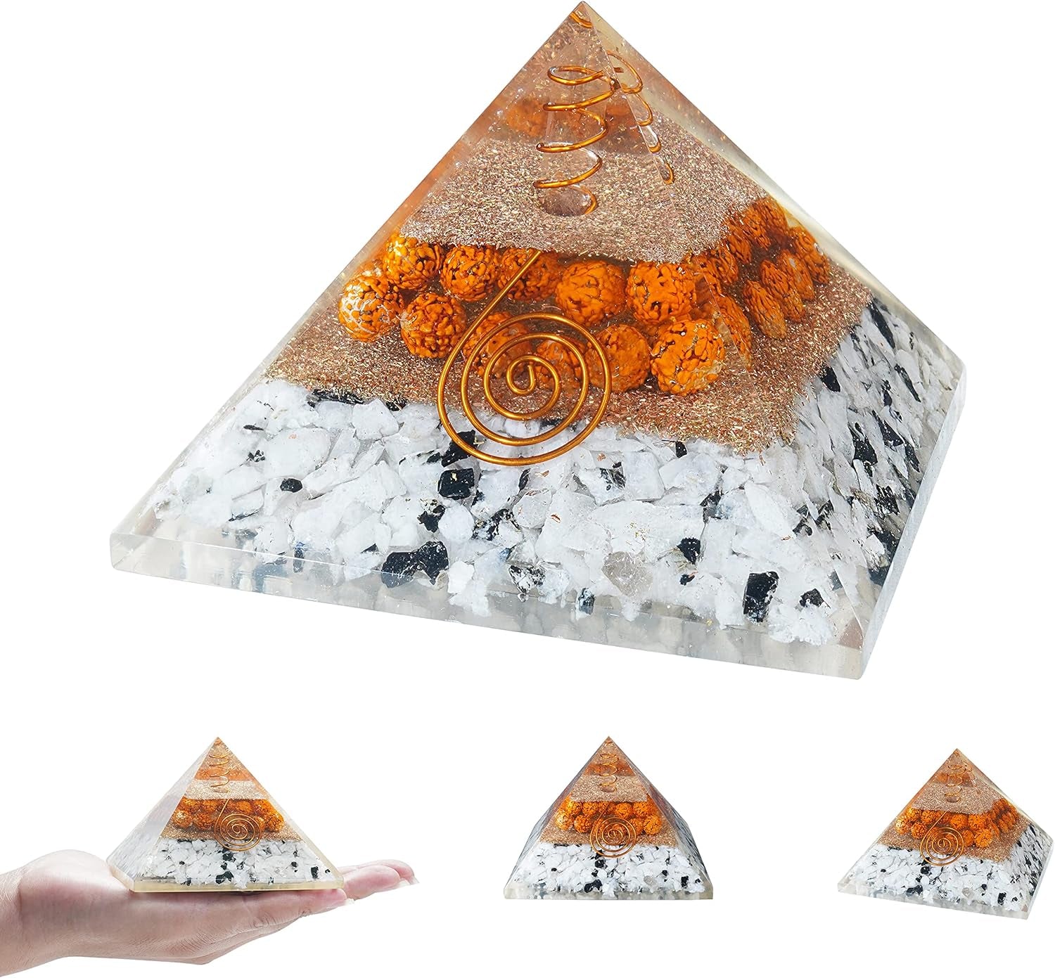 55Mm Orgone Pyramid Rainbow Moonstone Protection Crystals Reiki Healing Stones, Organite Pyramid for Good Luck Gift for Women Men Gemstone Crystal Chakra Charm Orgone Generator Orgonite Collection