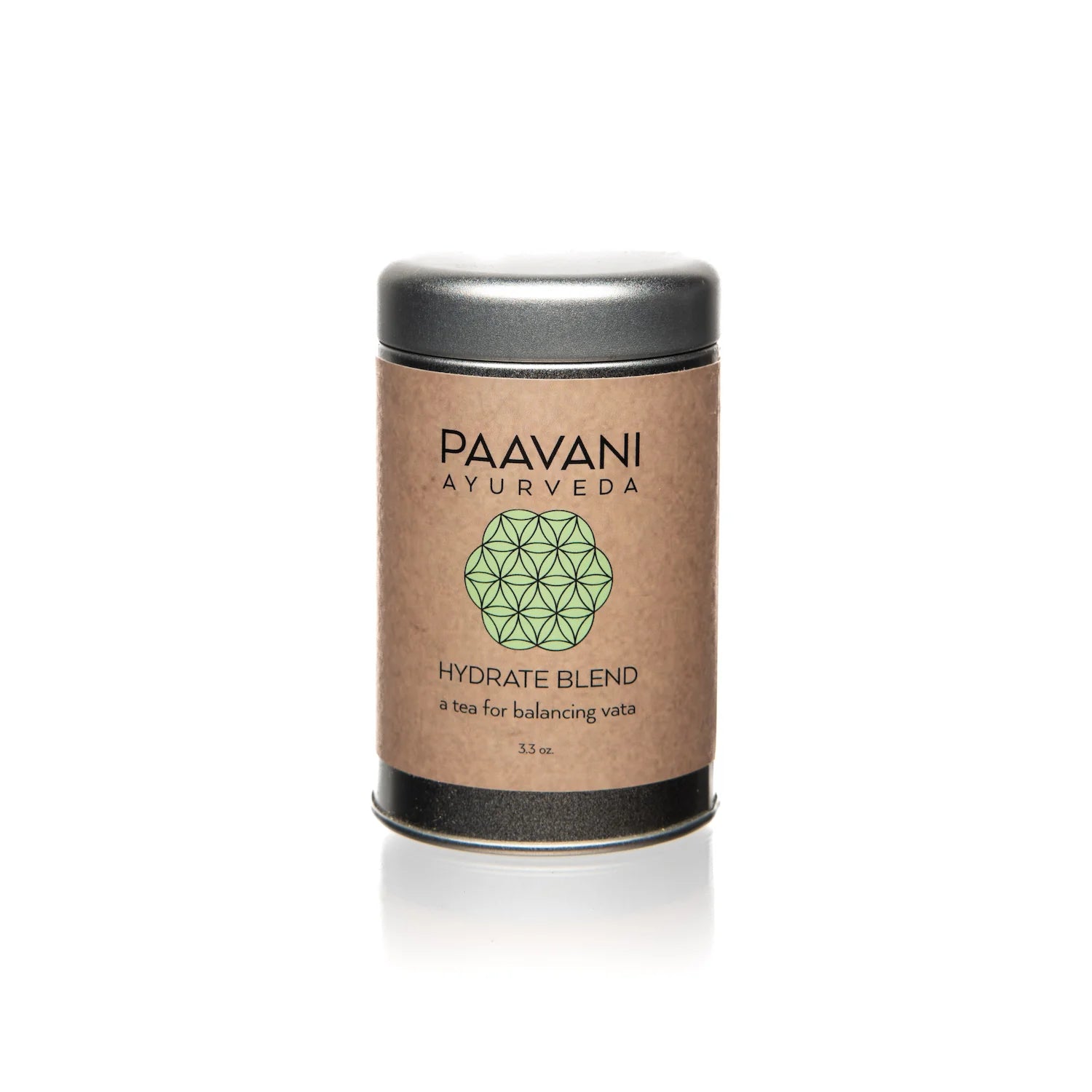 Metal tin of Hydrate Blend Ayurvedic herbal tea — warming spices and roots for Vata balance