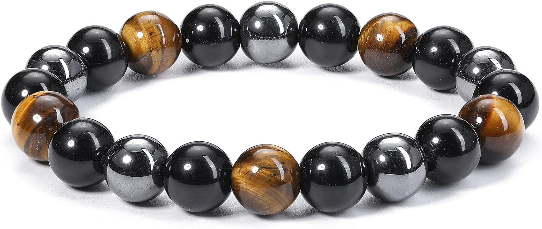 Grounded Trio bracelet set featuring black obsidian, hematite, and tiger’s eye beads on stretch cord; includes two matching bracelets