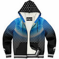 Hermetic Blues microfleece zip hoodie with sacred geometry, cosmic blue gradient, and protective sigil design