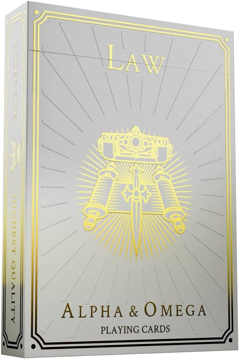 Alpha & Omega premium playing cards with metallic foil tuckbox, available in five collectible designs.
(Law)