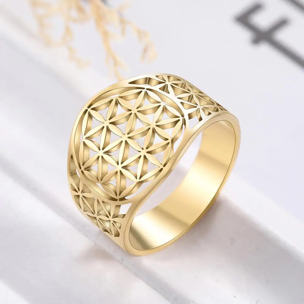 Flower of Life Sacred Geometry Ring – Gold Vintage Stainless Steel