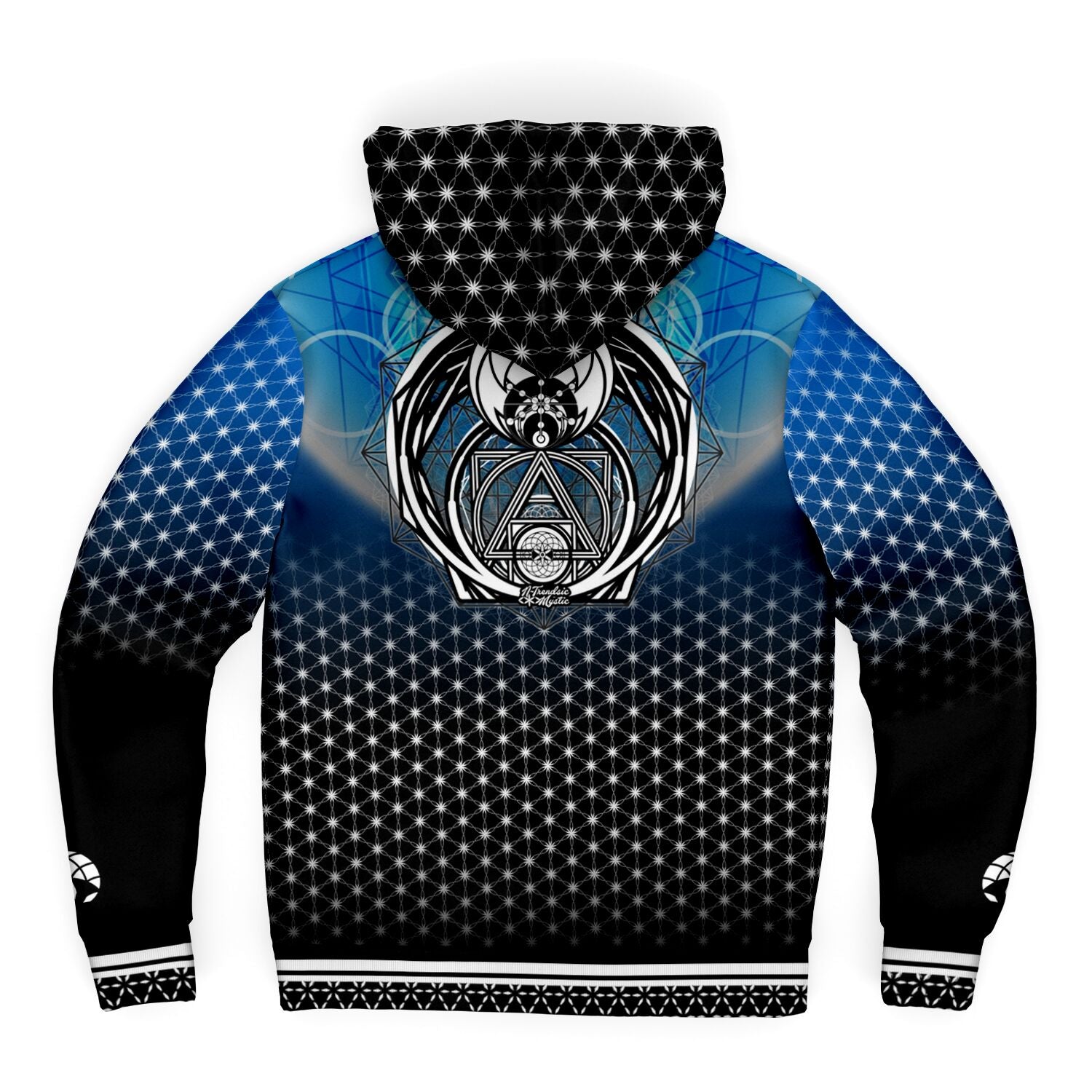Blue and black hoodie with geometric patterns and a central design on the back against a white background