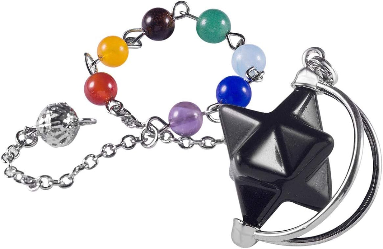 Stone Merkaba star pendulum with optional 7 chakra bead chain or minimal style, natural crystal carving for meditation and divination.