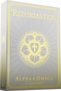 Alpha & Omega premium playing cards with metallic foil tuckbox, available in five collectible designs.