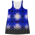 Women’s flowy racerback tank top featuring vibrant cosmic sacred geometry and Flower of Life design, exclusive NTrendSic Mystic artwork.