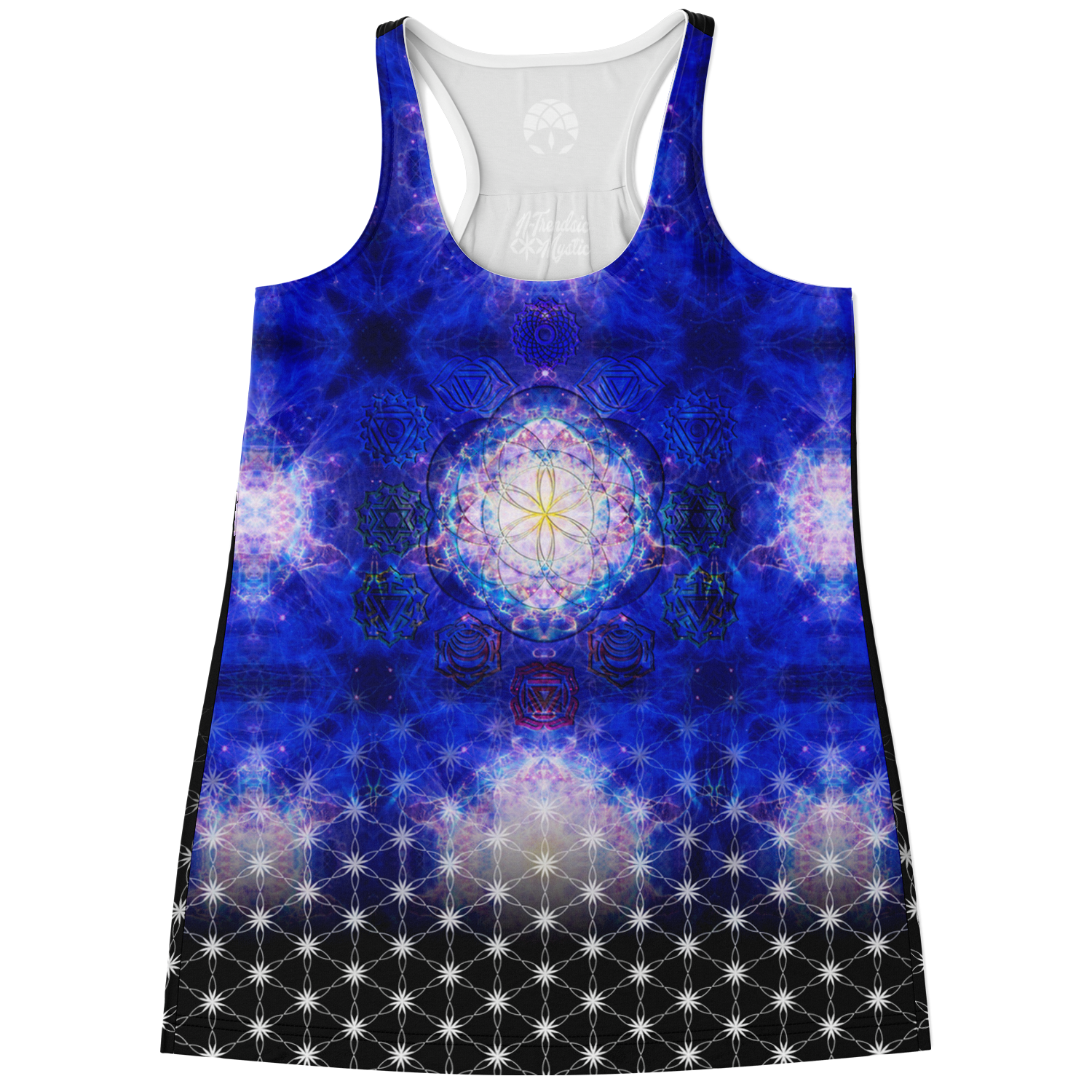 Women’s flowy racerback tank top featuring vibrant cosmic sacred geometry and Flower of Life design, exclusive NTrendSic Mystic artwork.