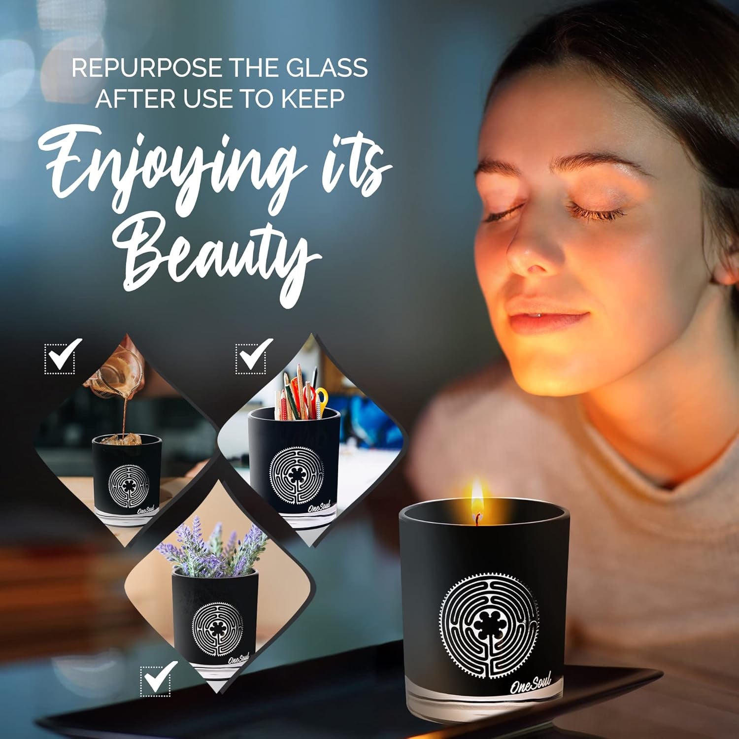 Luxury soy aromatherapy candle in black glass with sacred symbol design, available in multiple earthy and floral scents.