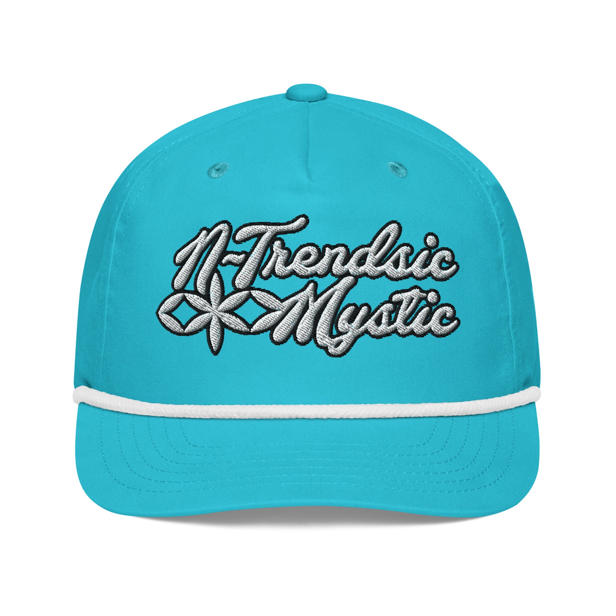 Mystic Classic golf rope cap — black 5-panel hat with braided rope detail and embroidered NTrendSic Mystic logo